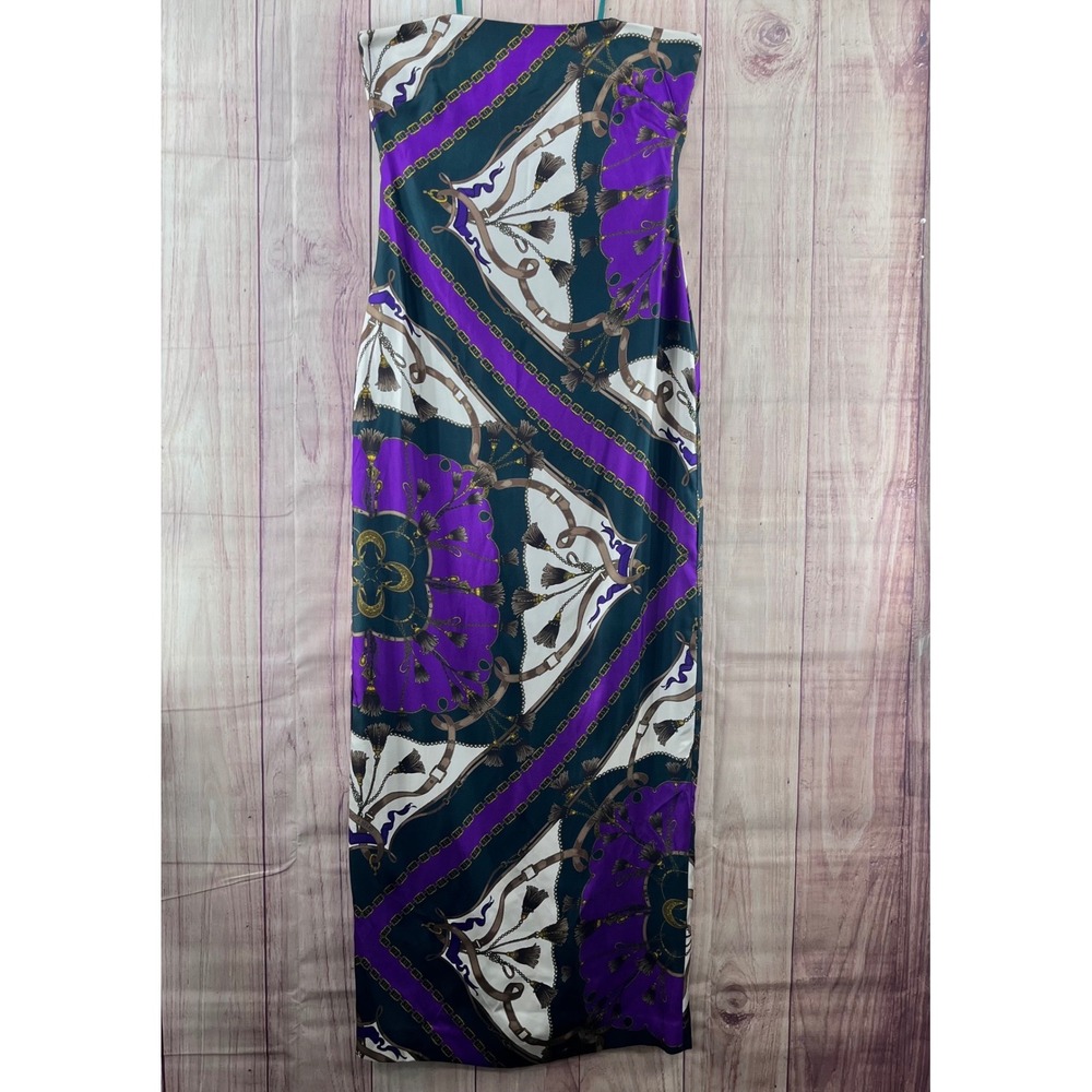 Veronica Beard Silk Blend Strapless Maxi Dress Chain Scarf Print Purple Green 4 - Picture 5 of 10